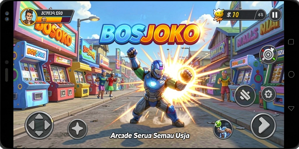 Tangkapan layar utama BOSJOKO menunjukkan gameplay seru dan menantang.