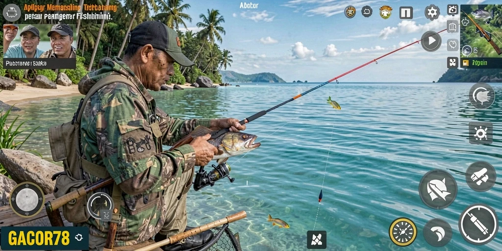 Tampilan gameplay GACOR78 dengan suasana memancing yang menenangkan.